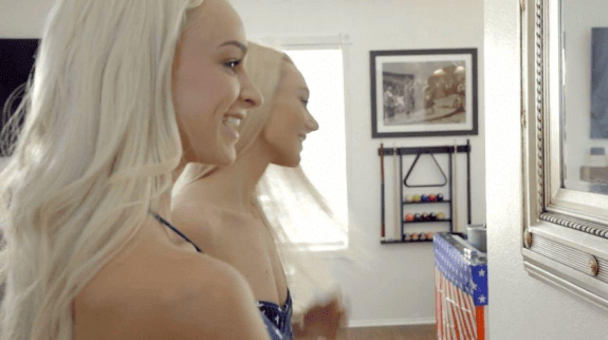 Blonde babes Emma Hix & Molly Mae double down on stepbro's cock for double 4th of July facial